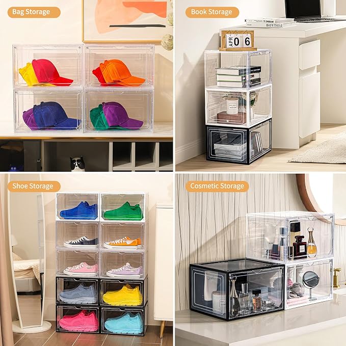 12 Pack Black Shoe Boxes Stackable, Large Shoe Storage Organizer - Image 9