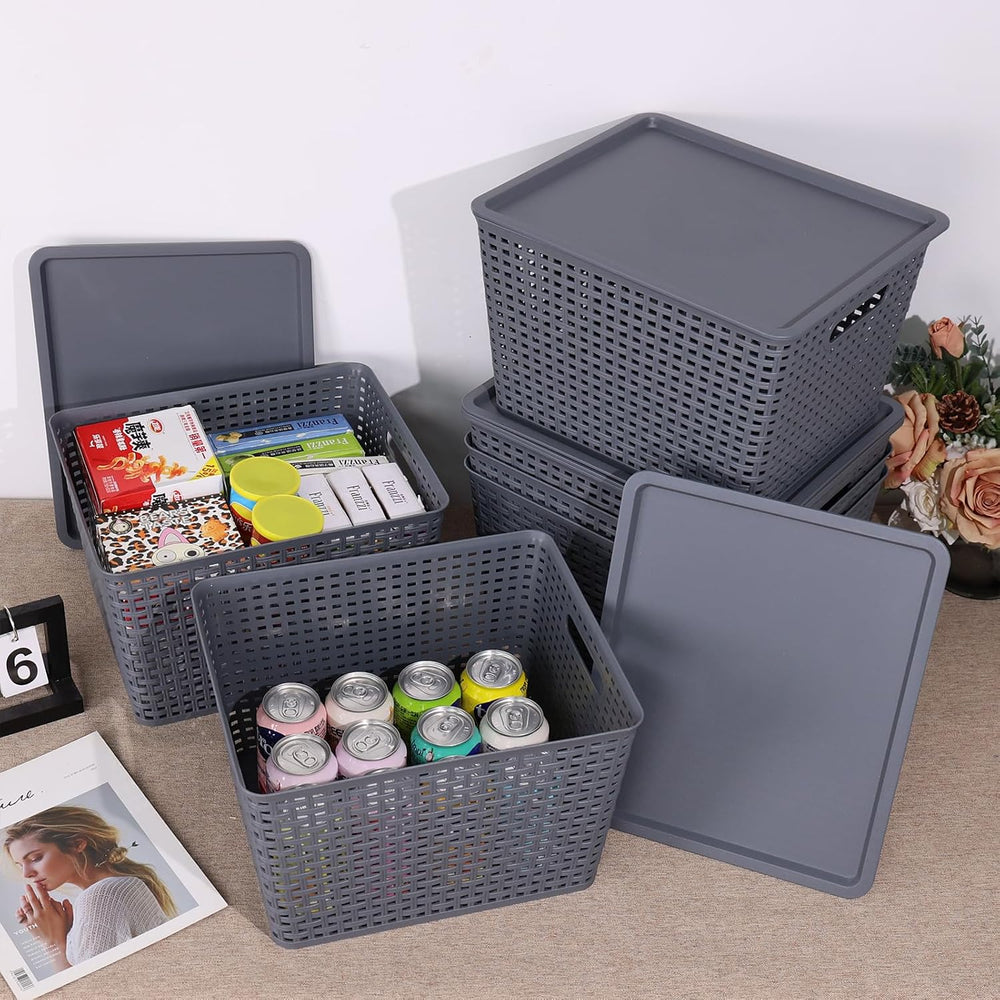 Ggbin 6-Pack Large Plastic Weave Storage Baskets Bins with Lids, Grey