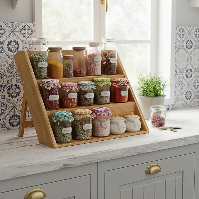 Bamboo Spice Rack Organizer for Kitchen Counter, 3 Tier Foldable Spice Shelf - Image 3