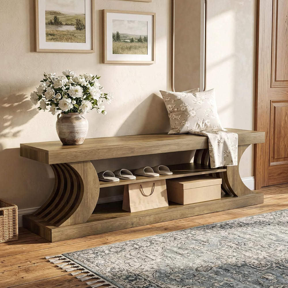 Tribesigns 63" Entryway Shoe Bench, 3-Tier End of Bed Bench with Open St...