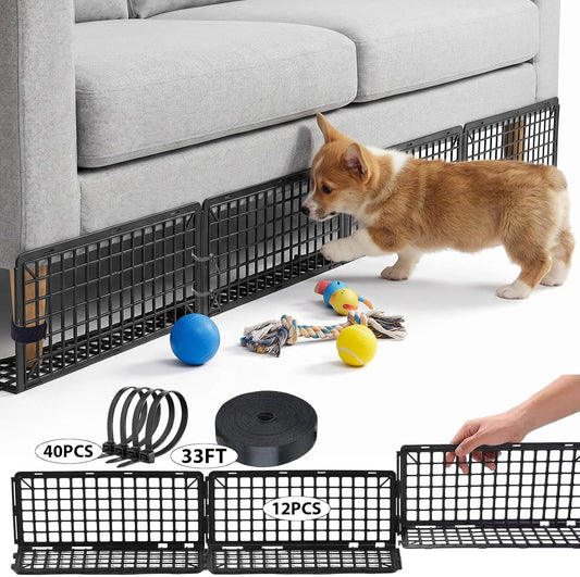 12Pcs Under Couch Blocker for Bed Adjustable Furniture Plastic Under Bed Blocker with 32ft Cut-to-Size Hook & Loop Secured Furniture Feet Ties & 40 Ties, Black Couch Barriers for Dogs Pets Cat