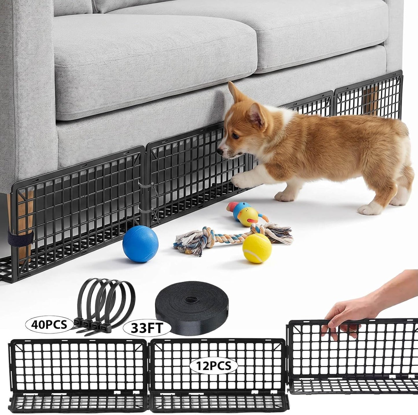 12Pcs Under Couch Blocker for Bed Adjustable Furniture Plastic Under Bed Blocker with 32ft Cut-to-Size Hook & Loop Secured Furniture Feet Ties & 40 Ties, Black Couch Barriers for Dogs Pets Cat