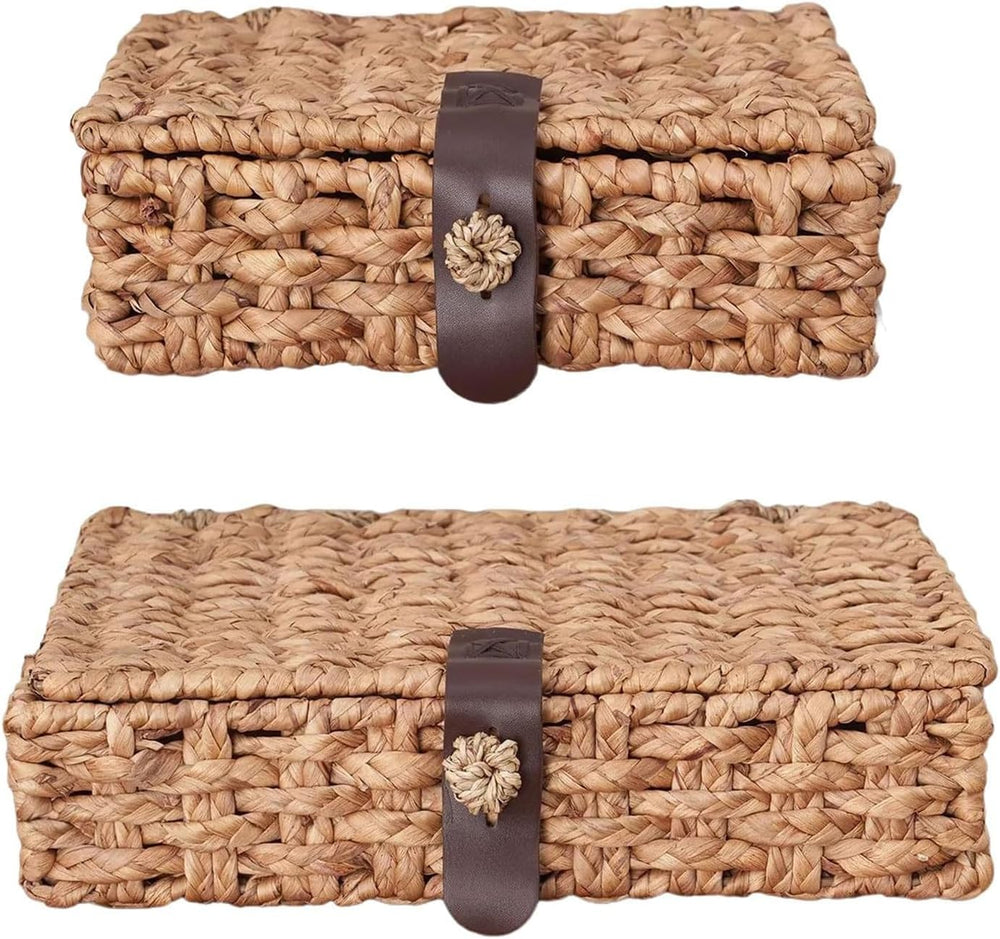 2 Pcs Decorative Box with Lid, Wicker Storage Basket, Water Hyacinth Woven De...