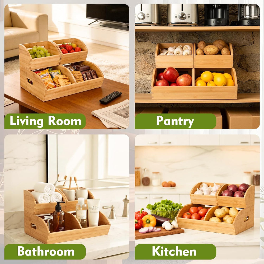 Stackable Bamboo Produce Storage Bin with Ventilation & Handles