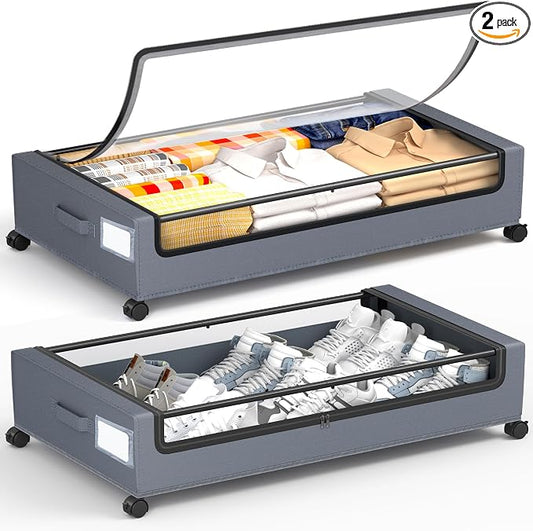 Under Bed Storage With Wheels, 2 Pack Square Containers, 60L Bins, Rolling by YEEBONIX-UnderBedStorage