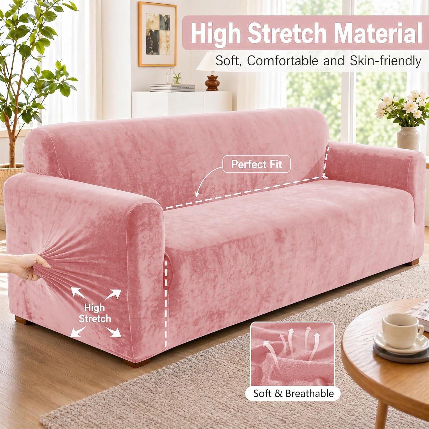 YEMYHOM Real Velvet Extra Large Couch Cover for 3 Cushion Couch 1 Piece Stretch Oversized Sofa Slipcovers Soft 4 Seater Furniture Protector Elastic Bottom for Kids,Pet (91"-110", Dusty Pink)