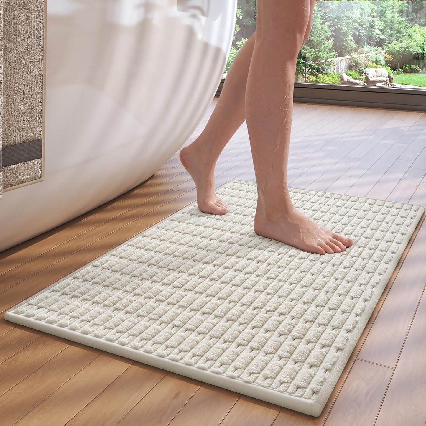 Non-Slip Bath Mat with Rubber Backing, Washable Thin Bath Mats for Bathroom Floor, Absorbent Bathroom Rugs, Quick Dry, Fits Under Door Beige 16x24