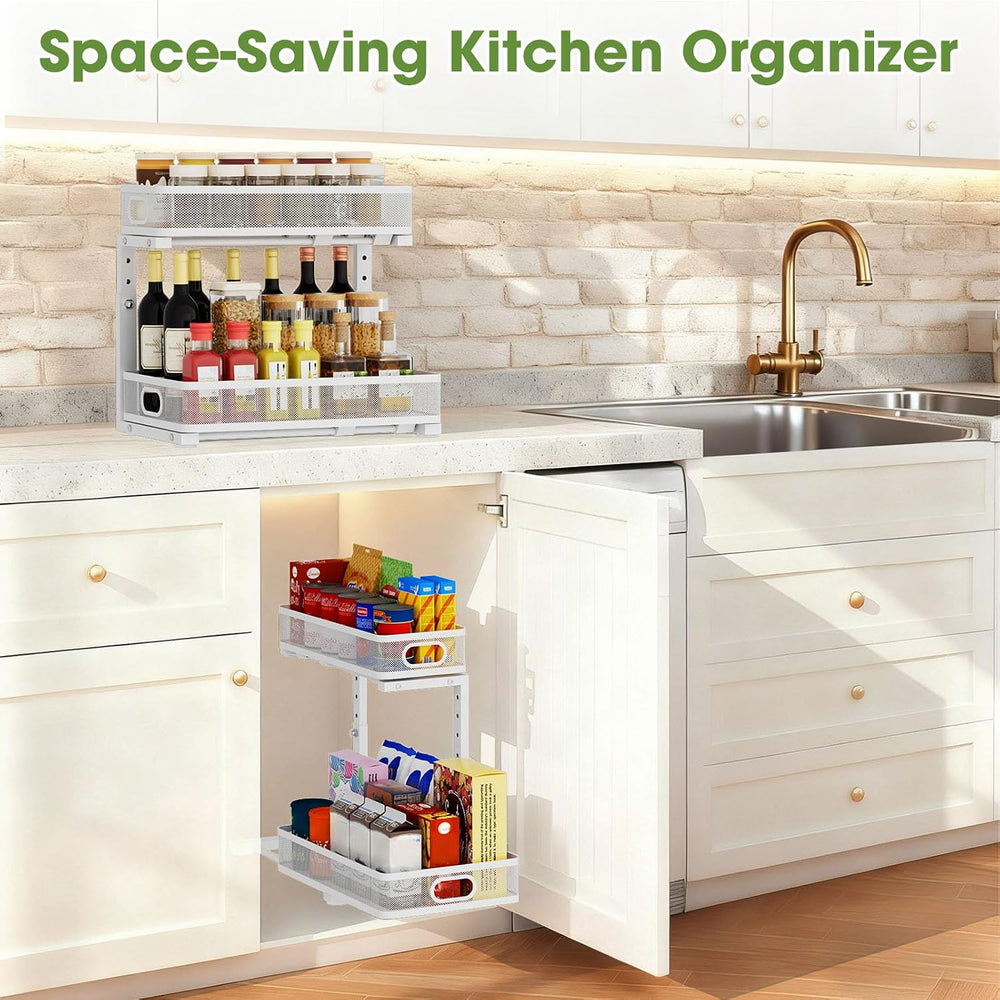 Under Sink Organizer 2-Pack, Metal 2-Tier Pull-Out Cabinet Shelf with Slide-O...