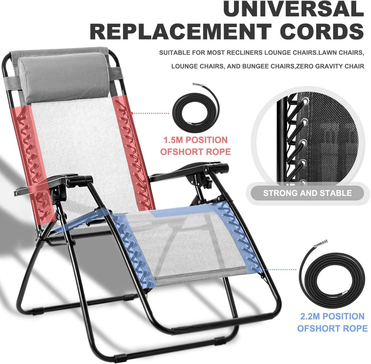 12 Cords Zero Gravity Chair Replacement Cord, Antigravity Chair Replacement,Universal Repair Cord Kit for Repairing Zero Gravity Chair(Black)