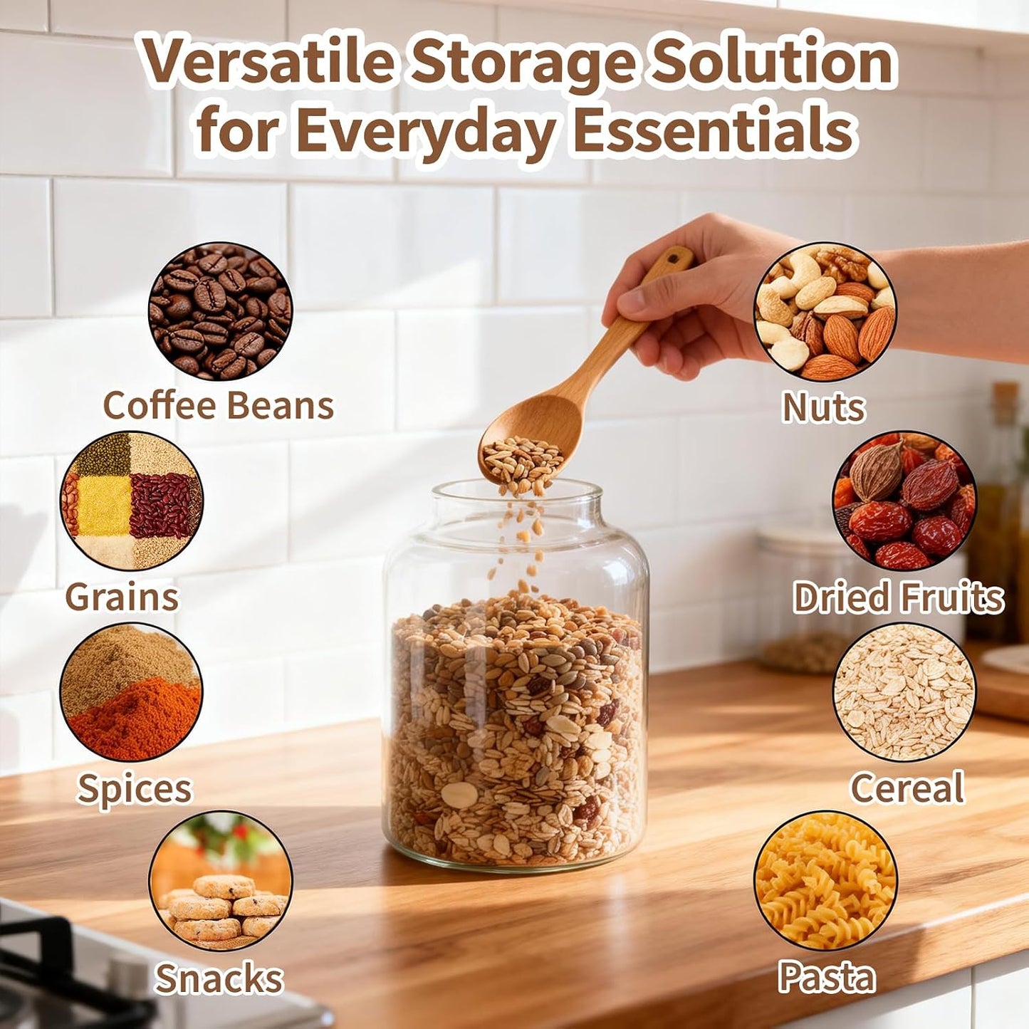 2 PCS Large Glass Food Storage Jars with Airtight Lids, 4.2 Qt Wide Mouth Glass Canister Set for Pantry, Rice, Flour, Sugar, Cereal & Coffee