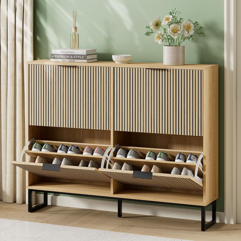 Shoe Cabinet Storage with 4 Flip Drawers and Metal Legs, Natural Wood丨Slim Sh...