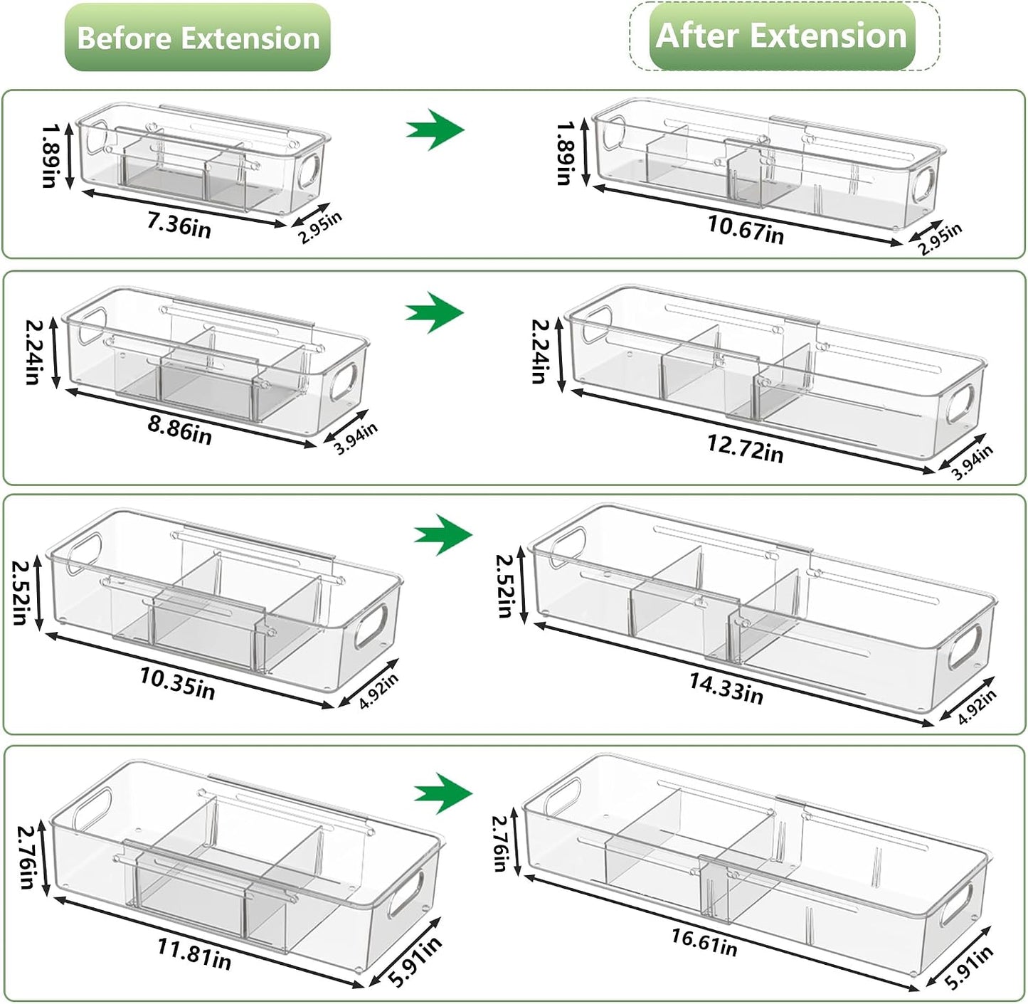 BLULEE 4-in-1 Expandable Drawer Organizer Set, Adjustable Clear Bins | with Dividers for Kitchen, Bathroom, Vanity & Office, Scalable Trays for Cosmetics, Utensils & Desk Accessories (4 Pcs)