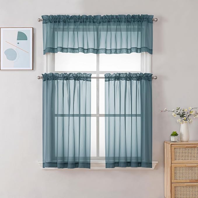 Chyhomenyc Stone Blue Sheer Curtains 30 inch Length 2 Panels, Light Filtering - Image 2
