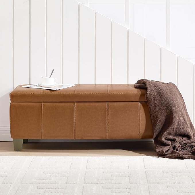 41" Faux Leather Storage Ottoman, Stitch Tufted Rectangle Upholstered End of - Image 6