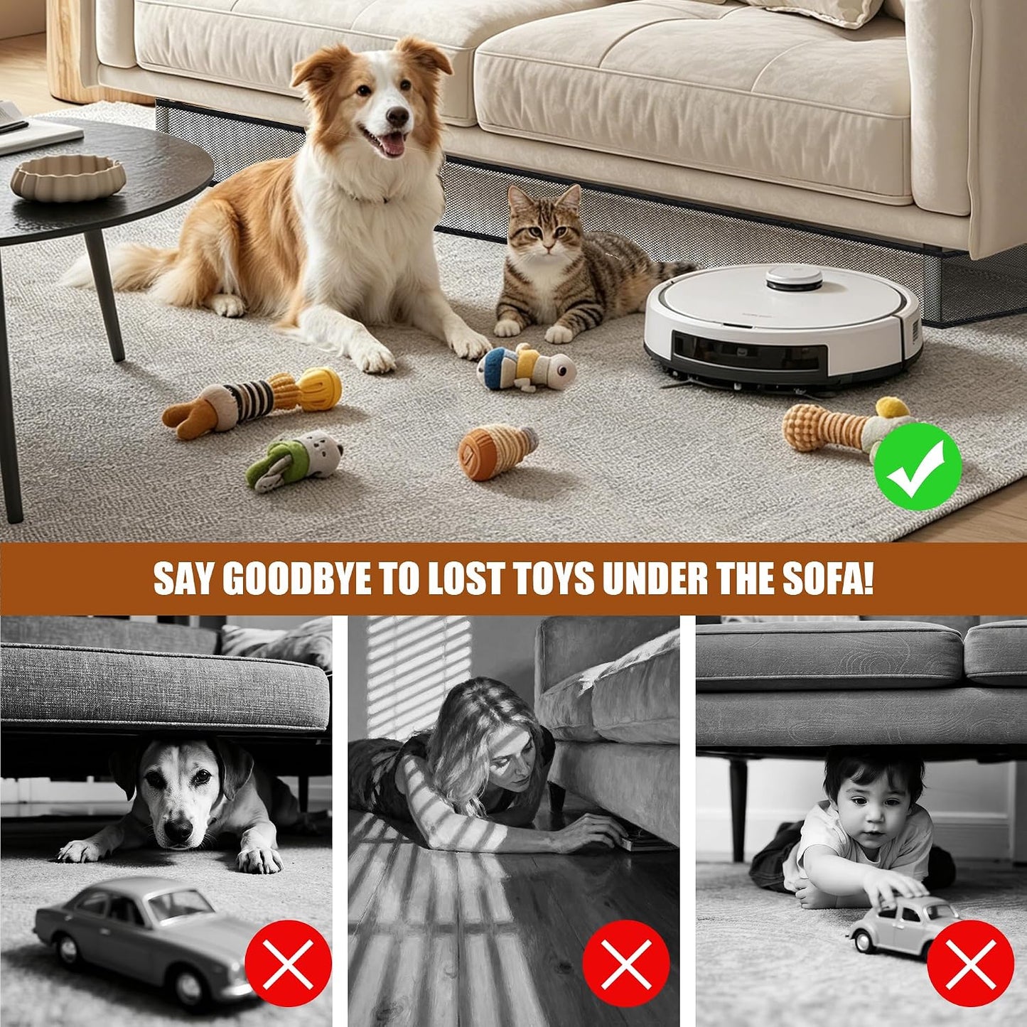 Under Couch Blocker for Pets and Toys, 6in x 32.8ft Upgraded Under Bed Blocker with 15 Mounting Bases and 6 Hook and Loop, Toy Blocker for Couch, Stop Cats Dogs Going Under Sofa (Black)