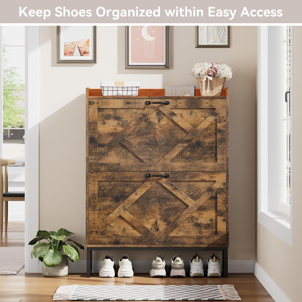 Nicetree Shoe Storage Cabinet with 2 Flip Drawers, Freestanding Wood Shoe Org...