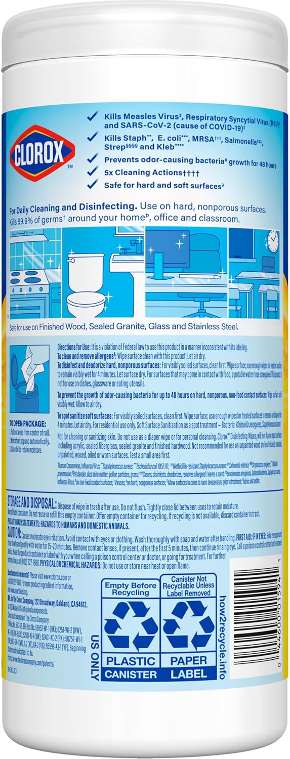 Clorox Disinfecting Cleaning Wipes, Bleach Free, Crisp Lemon, 35 Count (Pack May Vary)