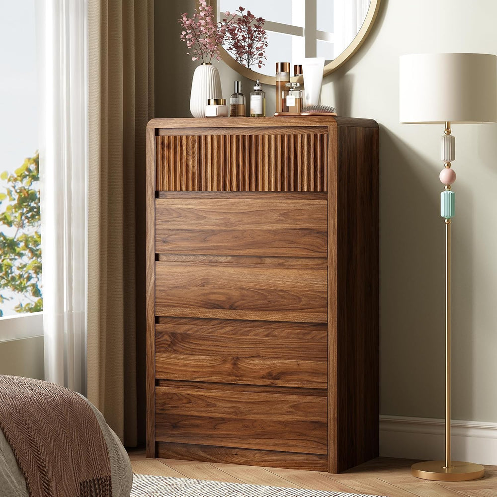 LYNSOM Walnut Fluted 5 Drawer Dresser for Bedroom, Curved Edge, 48" Tall