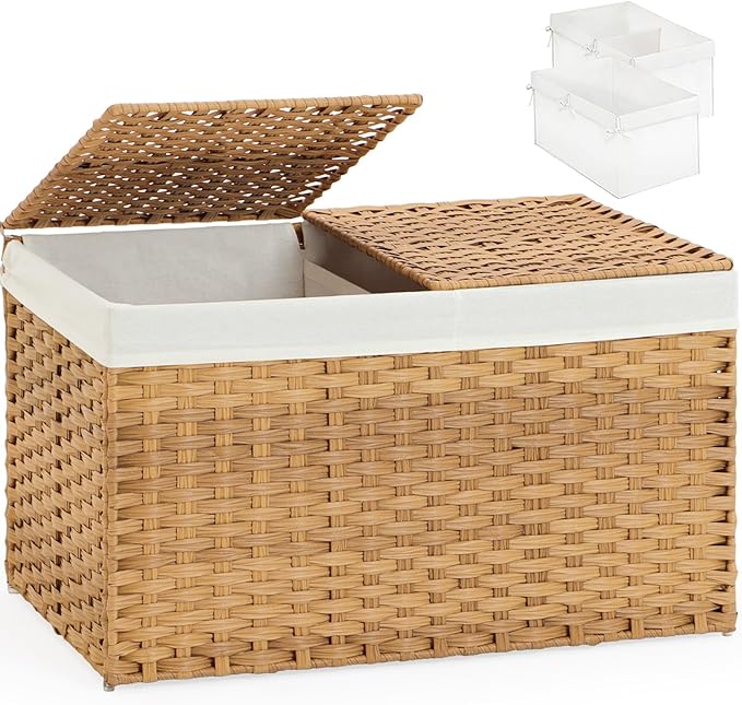 Storage Basket with Lid Rattan Storage Basket with 2 Separate Lid, 27.8 Gallon by SETVSON