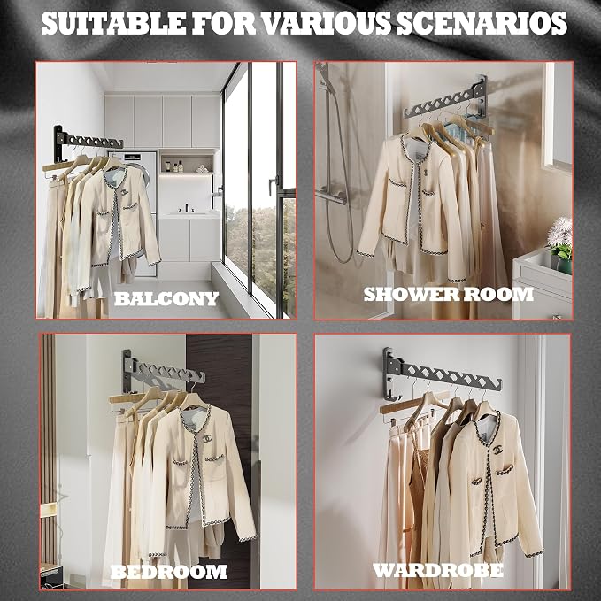 Wall Mount Coat Hanger Holder Black Clothes Drying Organizer Rack Garment Hooks - Image 3
