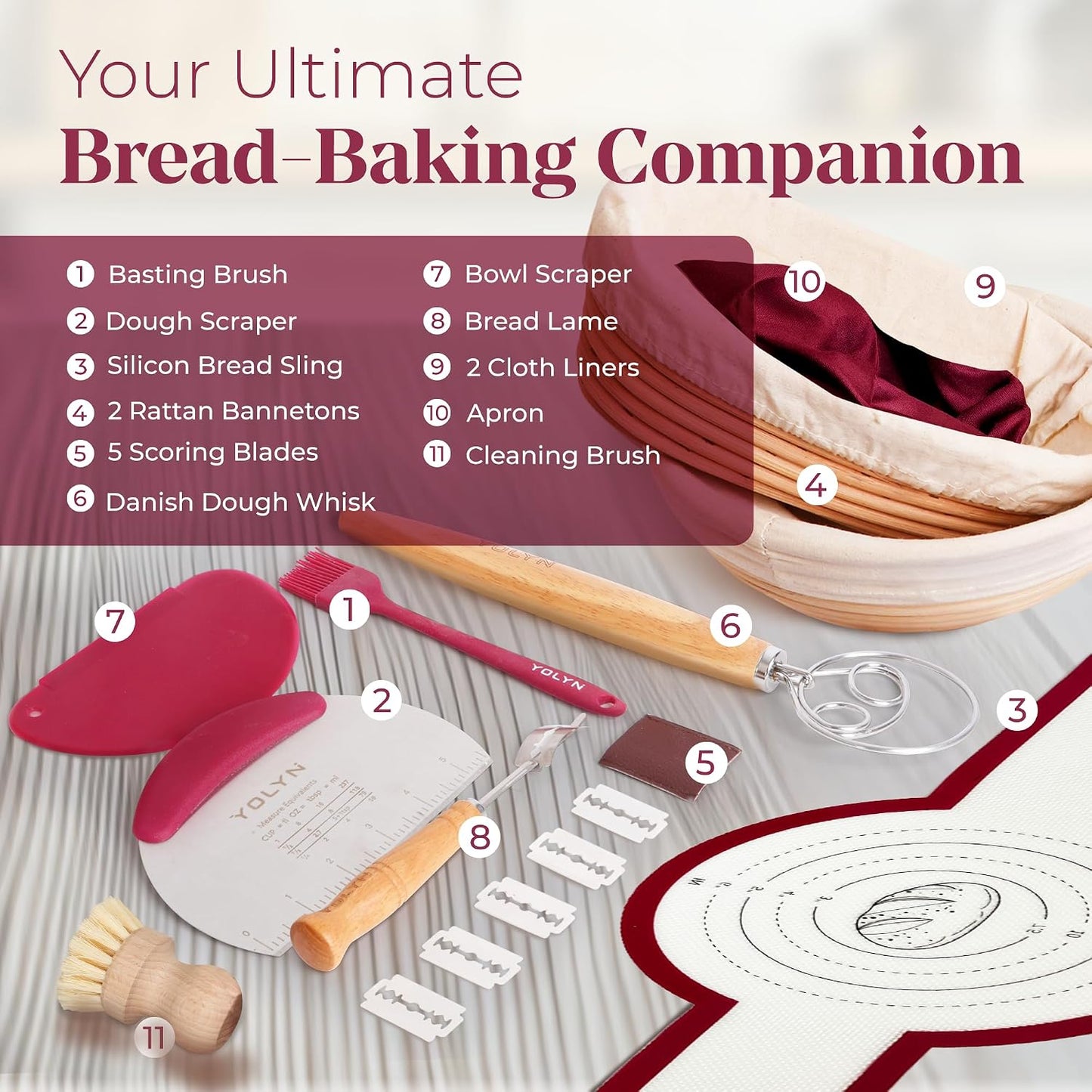 Sourdough Bread Baking Supplies with 2 Banneton Bread Proofing Basket Sizes - 16 Piece Sourdough Starter Kit Including Dough Whisk, Scraper, Lame, Apron for Artisan Bread Making