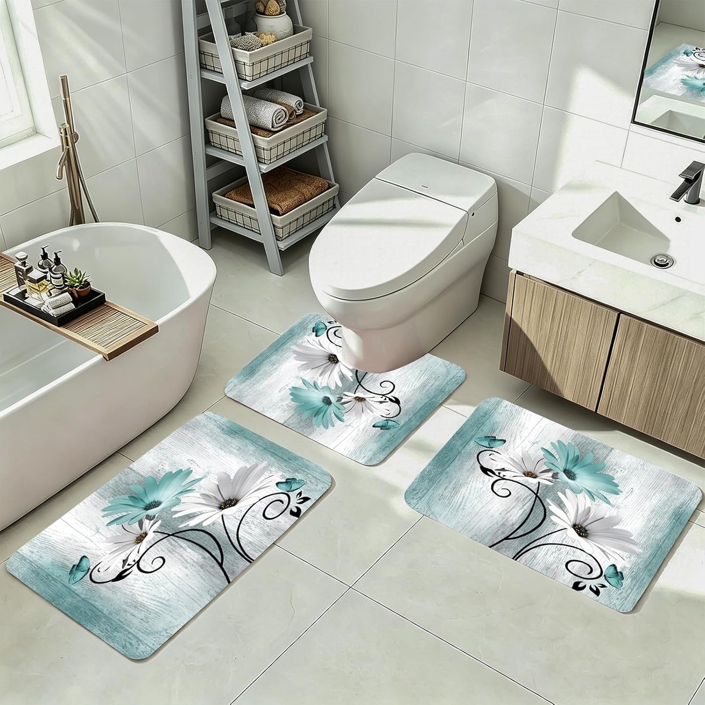 Onalasyc Bathroom Rugs Sets 3 Piece,Teal Daisy Rustic Farmhouse Flowers Butterfly Bath Rug Non Slip Quick Dry Diatomaceous Earth Bath Mat Wood Vintage Decor Washable Suitable for Bathroom,Tub,Shower