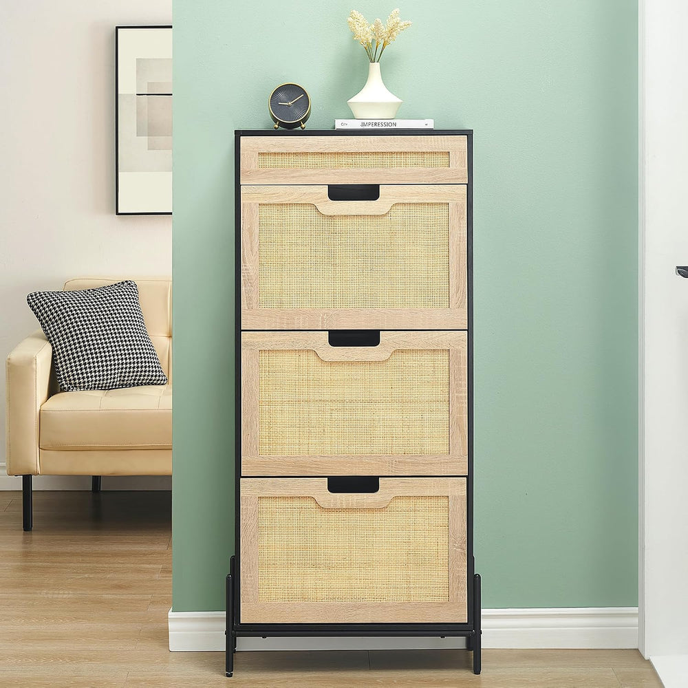 IDEALHOUSE Natural Rattan 3 Flip Door with 1 Drawer Shoe Cabinet Organizer Fr...