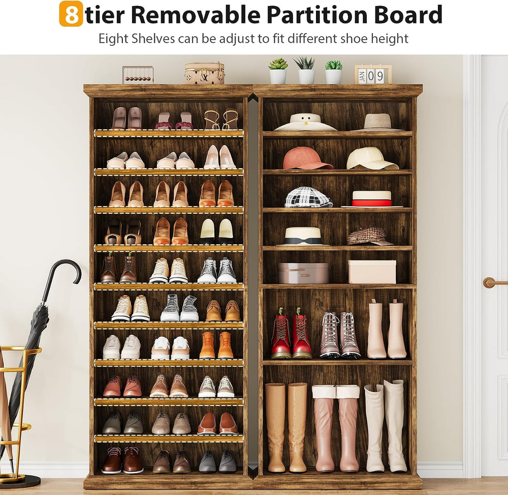 10-Tier Wooden Shoe Rack with 8 Adjustable Shelves, Rustic Brown