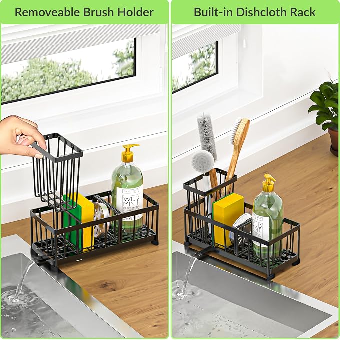 Black Sponge Holder for Kitchen Sink, Self-Draining Kitchen Sink Organizer - Image 4