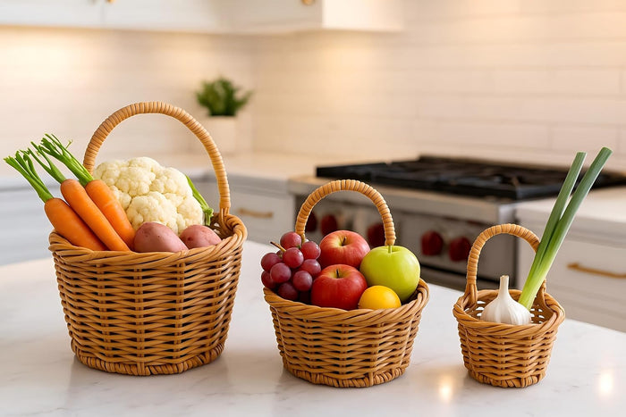 Handwoven Hanging Wall Baskets Set of 3 – Natural Rattan-Style Woven Storage Baskets with Handles, Multi-Size 7”/6”/5” for Kitchen, Fruit, Garlic, or Home Décor Organization