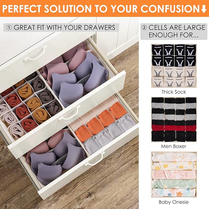 3 Pack Bra Underwear Drawer Organizer Dividers, 26 Cell Fabric Foldable Dresser - Image 4