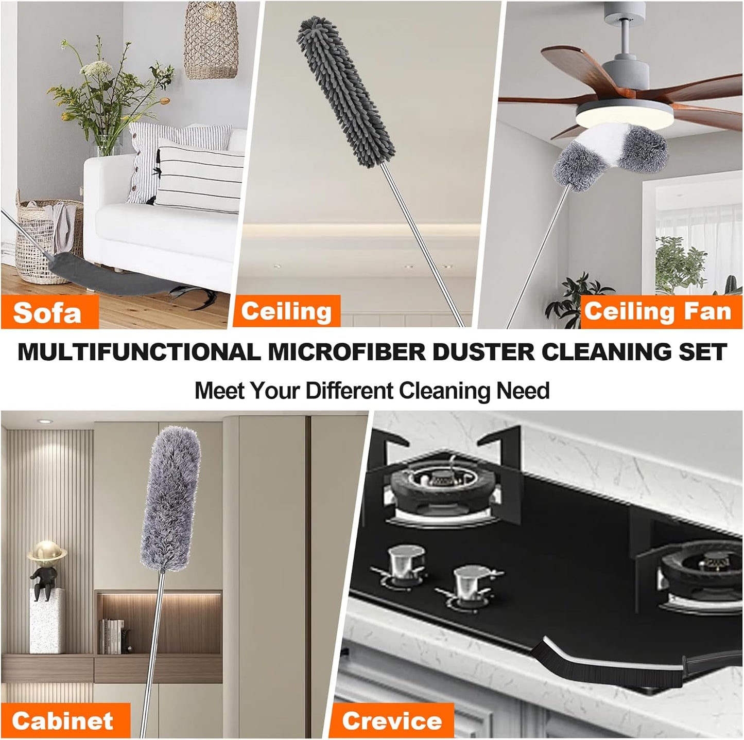 Duster with Extension Pole, Washable Cleaning Duster Kit with DusterHeads, Cobweb Duster, Corner Brush, Telescoping Pole for Ceiling Fan (9)