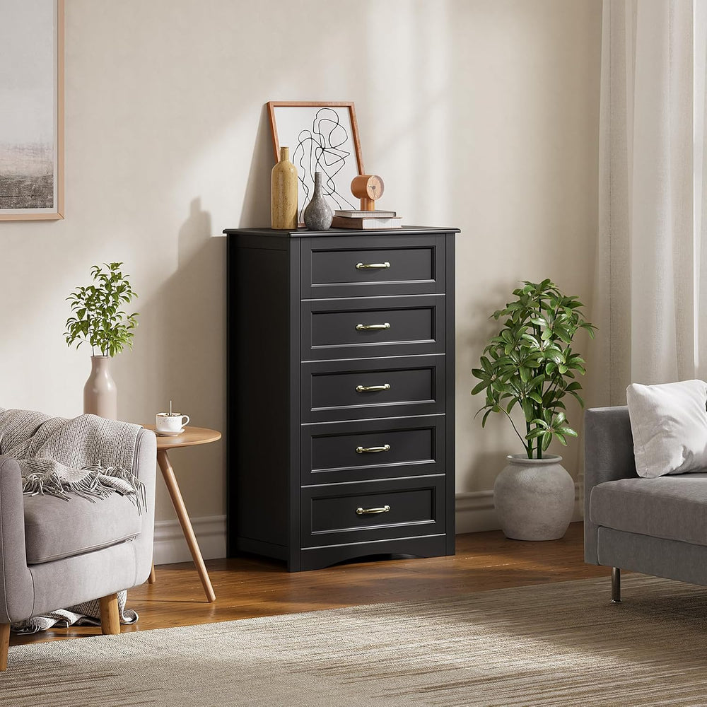 Gizoon 5 Drawer Dresser, Black Wood Chest of Drawers for Bedroom