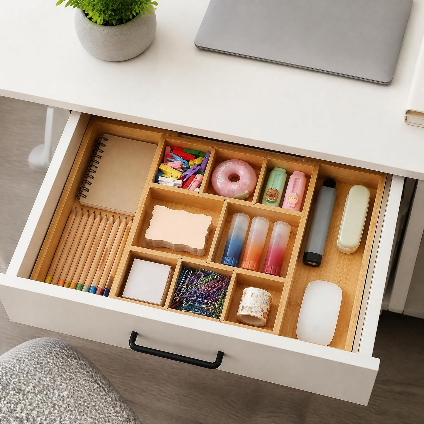 Bamboo Drawer Organizer Expandable Desk Storage Set, 10 Adjustable Compartment Junk Drawer Divider and Trays Containers for Kitchen Utensil, Office Supplies, Makeup, Jewelry & Cosmetics Organization