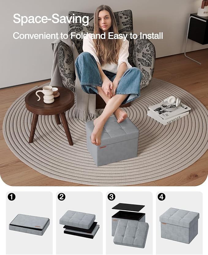 Folding Storage Ottoman, Velvet Storage Bench, Foot Stool, - Image 6