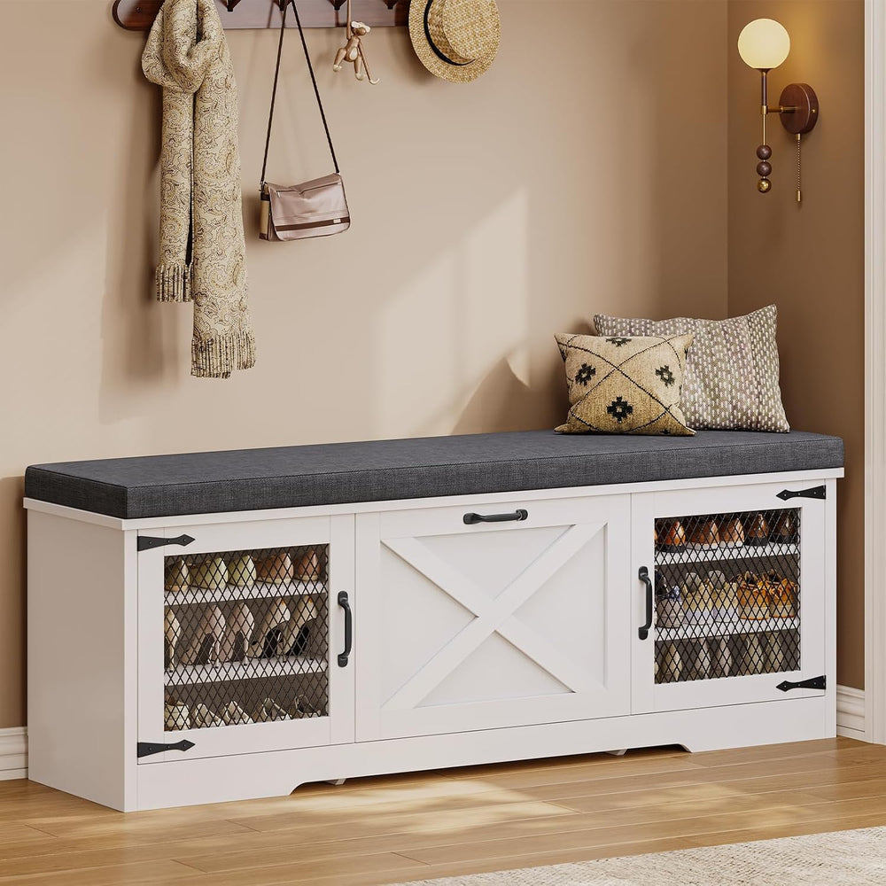 UPOSOJA Farmhouse Storage Bench with Flip Drawers & Padded Seat Cushion, ...