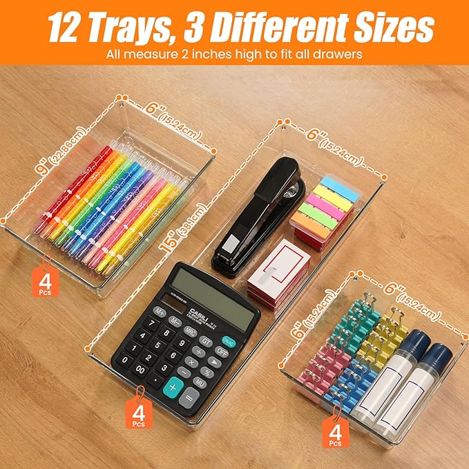 12 Pack Clear Plastic Drawer Organizer Set, Acrylic Non Slip Non Cracking - Image 2