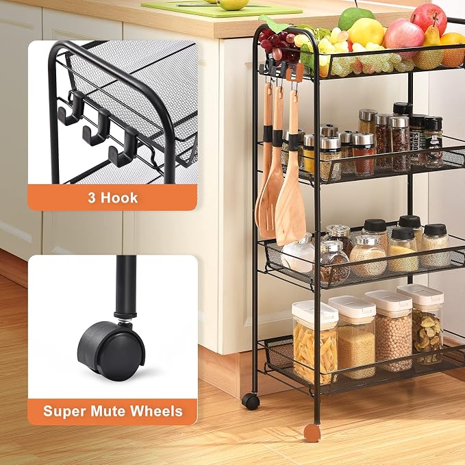 TOOLF 4-Tier Rolling Cart, Metal Utility Cart - Image 3