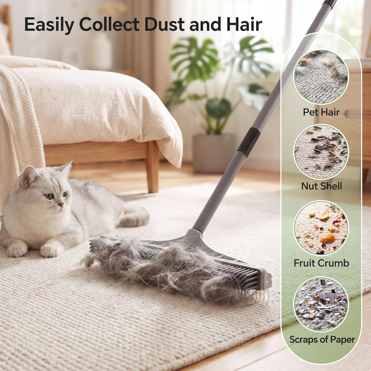 Walensee Carpet Rake for Pet Hair Removal, 2 in 1 Rug Rake to Fluff Carpet with Nylon Groomer Brush, Adjustable Long Handle for Shag Rugs, Stairs, Mats and Floors, Rubber Broom