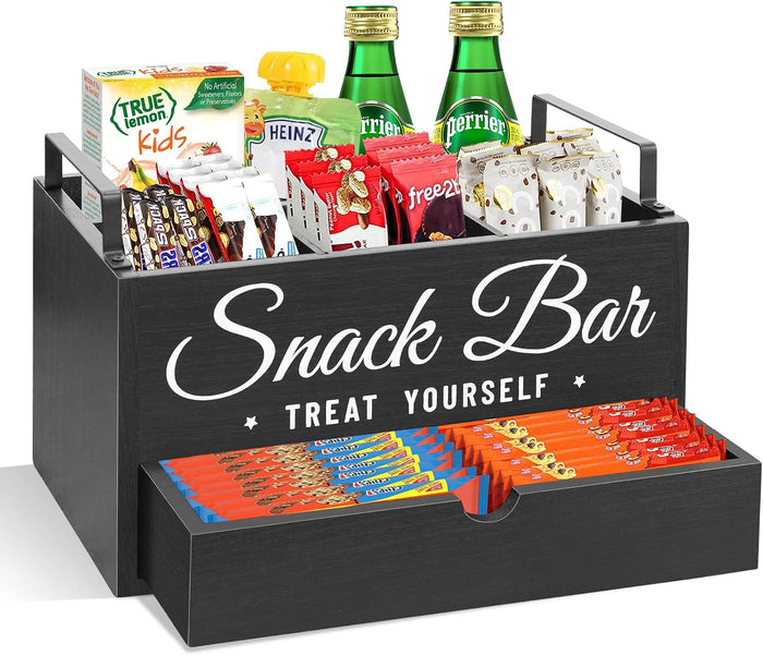 Snack Organizer for Countertop, Wood Pantry Storage Bins with Handles, Snack Bar Organizer for Kitchen, Office, 4 Compartment Food Container Snack Box with Drawer, Pantry Organizer for Chips, Candy