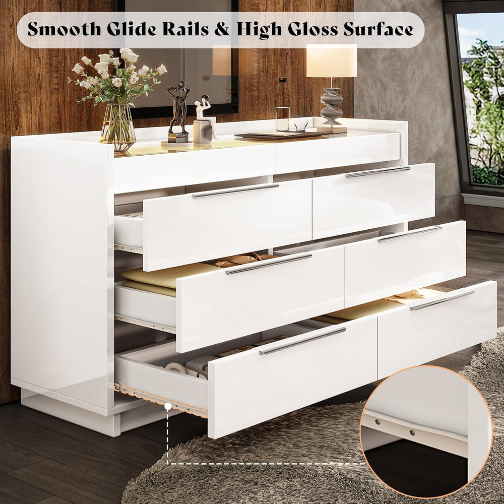 AMERLIFE 47.2" W 8-Drawer Dresser with Glass Top, High Gloss, White