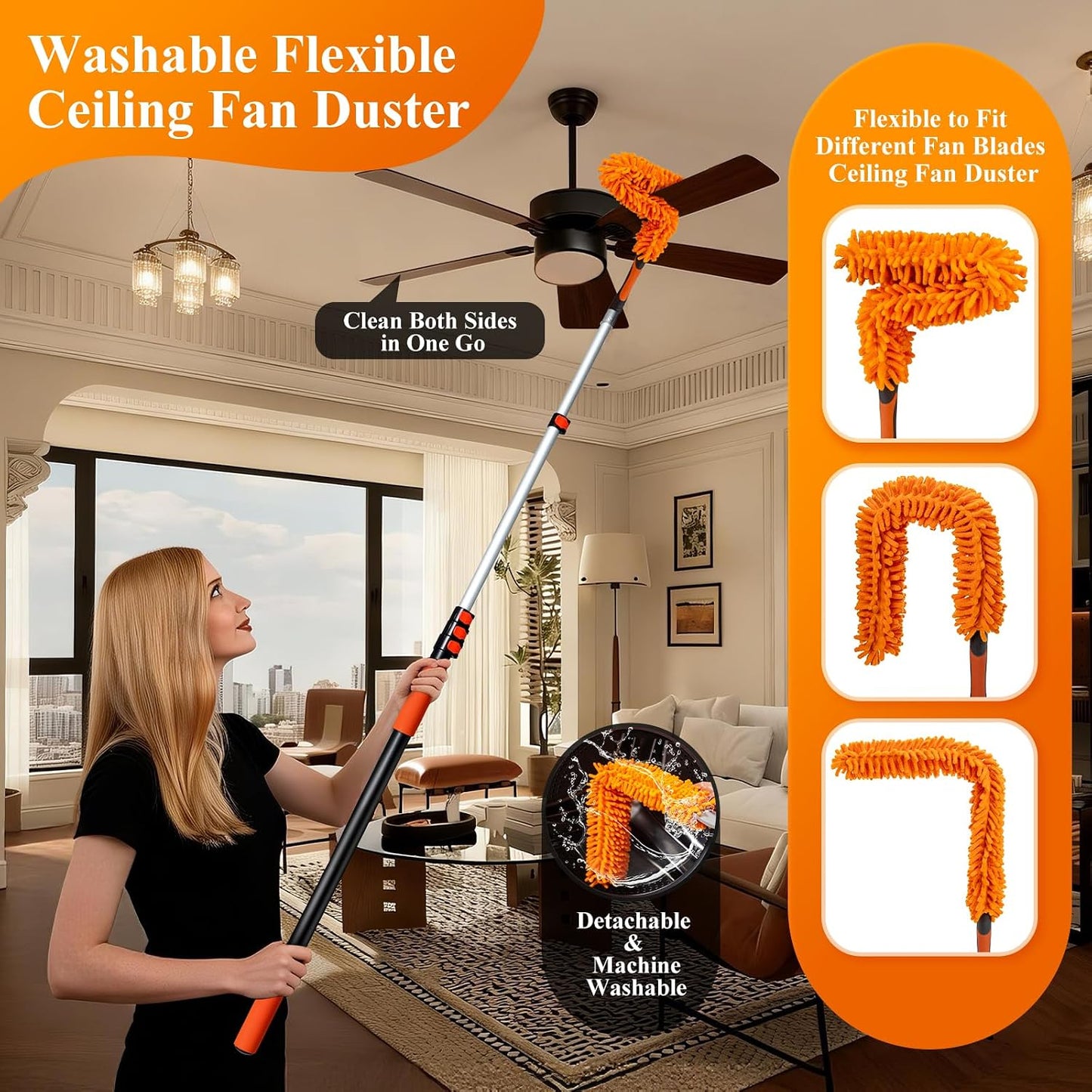 20ft High Ceiling Duster Kit with 4-12ft Heavy-Duty Extension Pole, Washable Cobweb Duster, Ceiling Fan Duster, Window Squeegee & Cleaner, Microfiber Duster for Home High Reach Cleaning