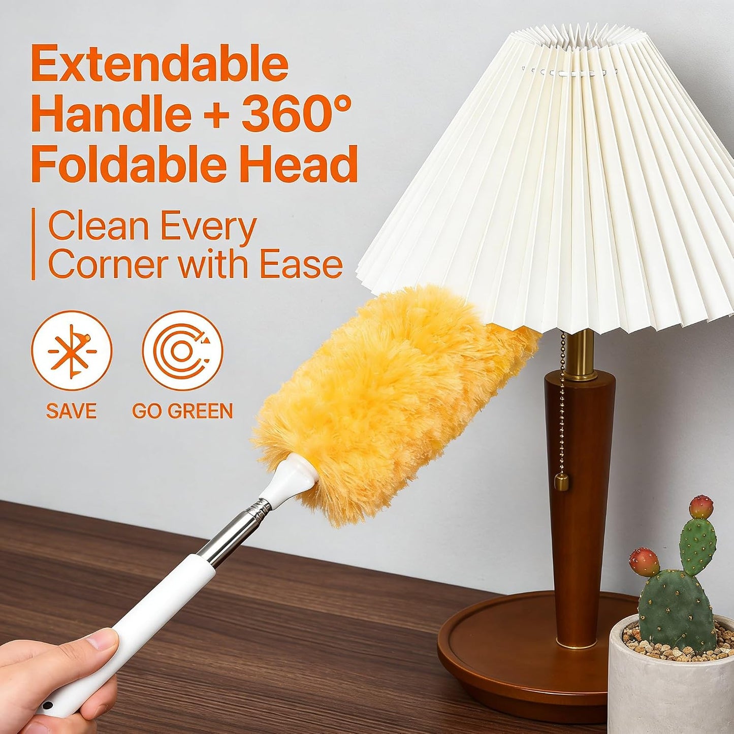 Extendable Duster 31.5 Inch Telescoping Pole with Reusable Washable Non-Woven Double-Sided Cleaning Head Orange for Ceiling Fans Blinds Vents High Ceilings Hard to Reach Places