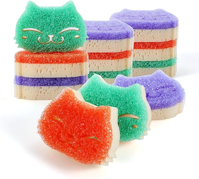 12 Pcs Scrubber Sponge Cat Smiley Shape Cleaning Sponge Double Sided Dish by CLEANHOME