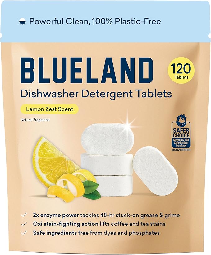 BLUELAND 100% Plastic-Free Dishwasher Detergent Tablets, Lemon Zest Scent by BLUELAND