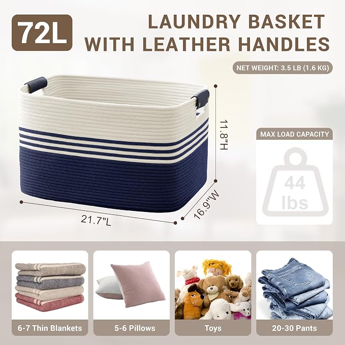 72L Large Laundry Basket with Leather Handles - Image 2
