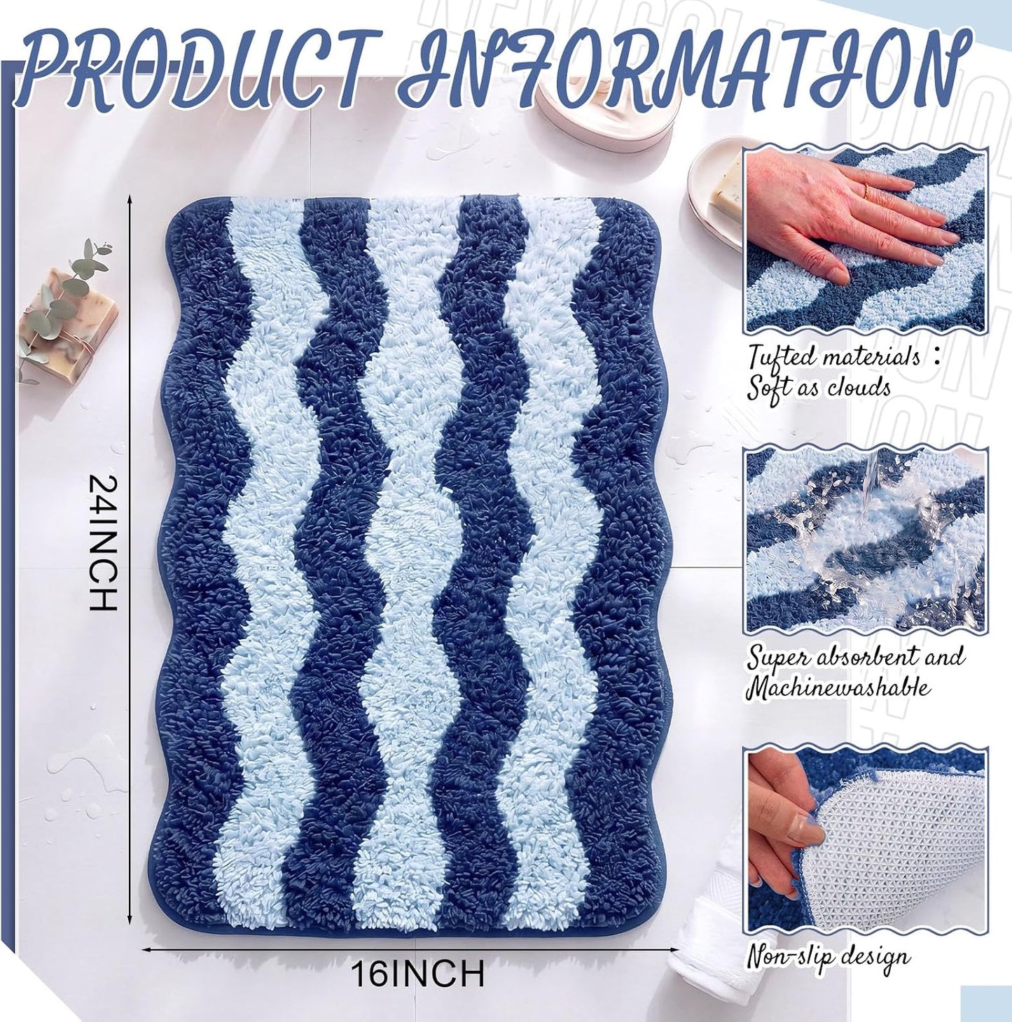 Nuanchu Cute Scalloped Bathroom Rug, Plush Tufted Absorbent Soft Wave Striped Bath Mat 24"x16", Non-Slip Washable Floor Carpet for Bathroom Bedroom Kitchen(Cobalt Blue & Sky Blue)