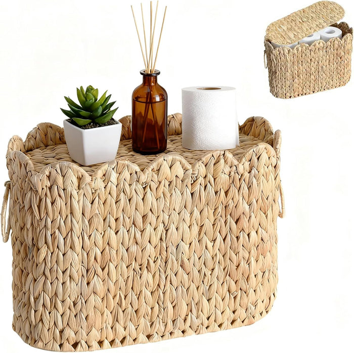 Narrow Wicker Toilet Paper Holder Basket with Lid, Scalloped Wicker Storage Basket with Lid,Woven Curve Basket,Rattan Bathroom Organizers and Storage Baskets- Holds Up to 9 Mega Rolls