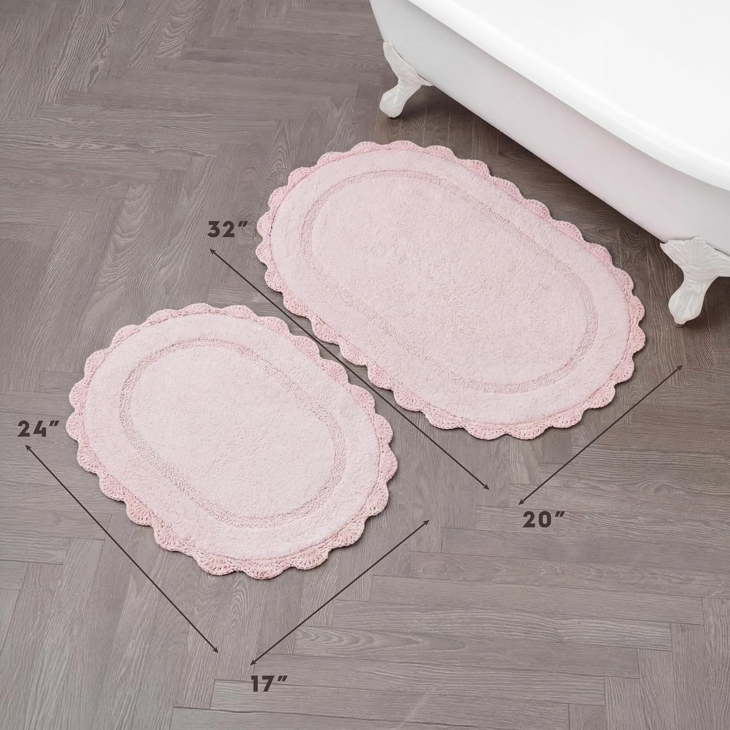 Laura Ashley Eloise 100% Cotton Oval Bath Mat 2-Piece Set with Crochet Border, Soft & Absorbent, Light Pink 17" x 24"/20" x 32" Bathroom Rugs