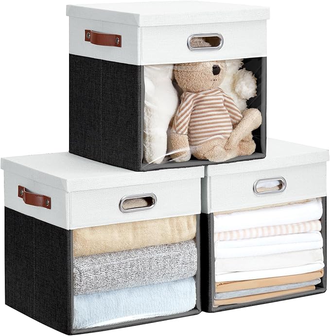 Fabric Storage Cubes with Clear Windows and Lids, Decorative Storage Boxes by Roobyl